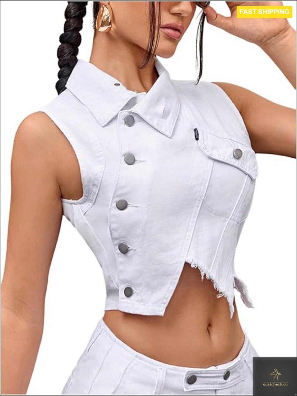 Asymmetric Raw Hem Denim Jacket Vest Cropped Sleeveless Y2K Chic Button Up